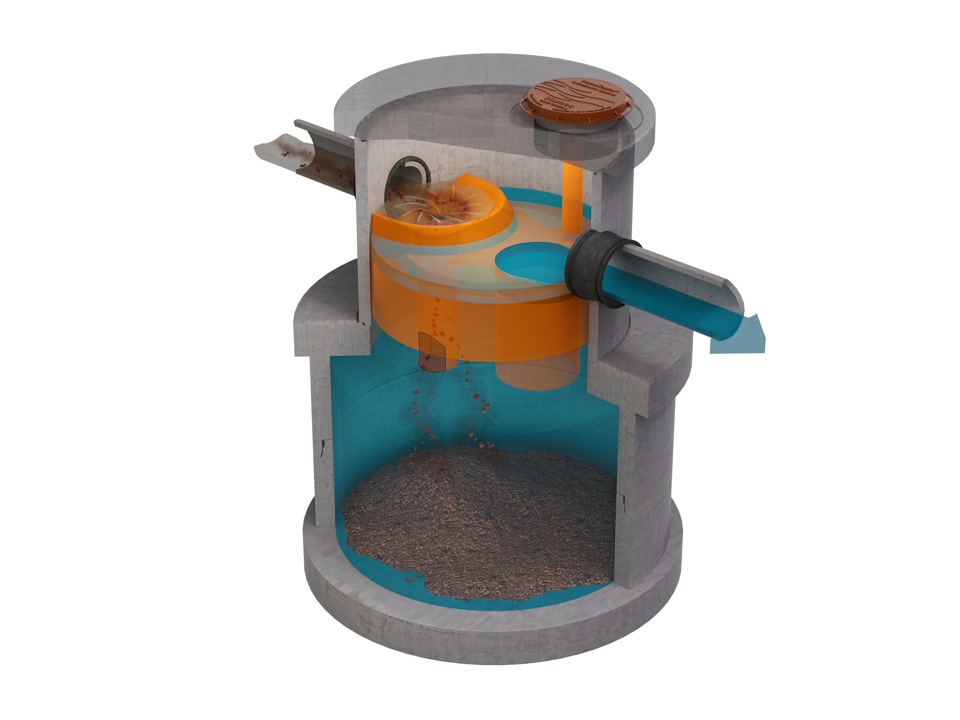 Cutaway illustration of a HumeCeptor® separator: stormwater enters the upper insert, sediment settles in the lower chamber, and treated water flows out.